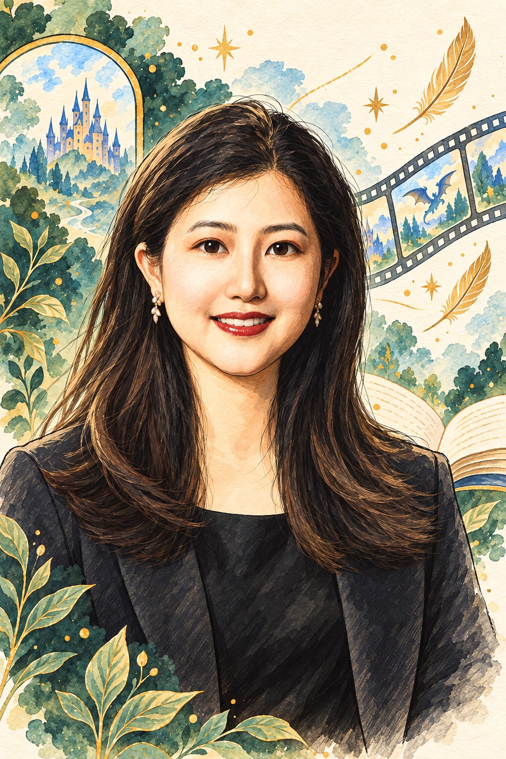Comic watercolor portrait of StoriesLens founder Yi Lu