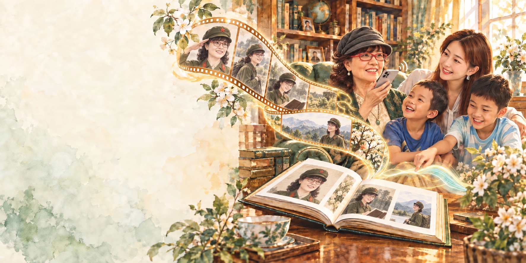 Watercolor scene of a grandmother speaking into a phone beside her daughter and two grandchildren, surrounded by an album and filmstrip of her younger years in military service